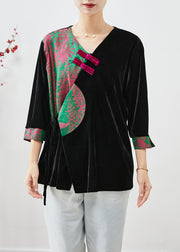 Black Patchwork Silk Velour Shirts Bracelet Chinese Button Sleeve