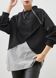 Black Patchwork Striped Cotton Sweatshirt Zip Up Spring