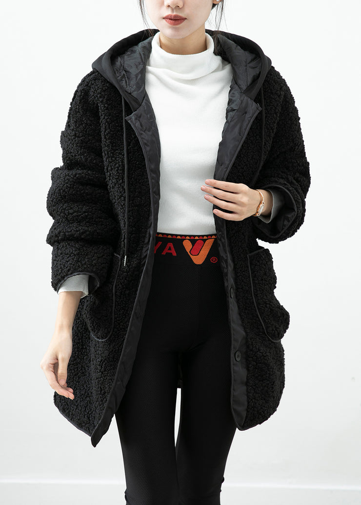 Black Patchwork Teddy Faux Fur Jacket Hooded Pockets Winter