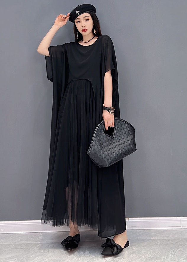 Black Patchwork Tulle Chiffon Two-Piece Set Asymmetrical Summer