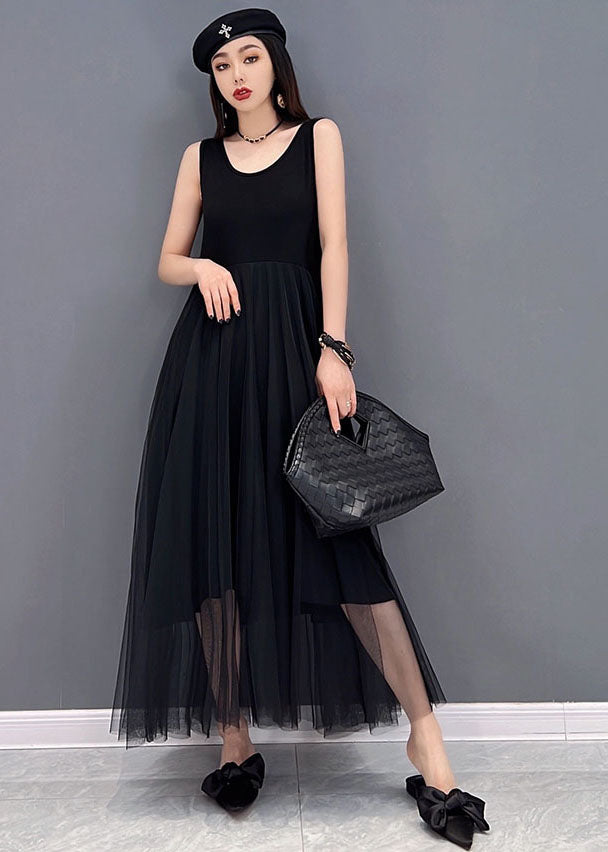 Black Patchwork Tulle Chiffon Two-Piece Set Asymmetrical Summer