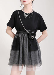 Black Patchwork Tulle Pockets Summer Holiday Dress Short Sleeve - bagstylebliss