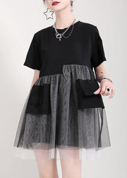 Black Patchwork Tulle Pockets Summer Holiday Dress Short Sleeve - bagstylebliss