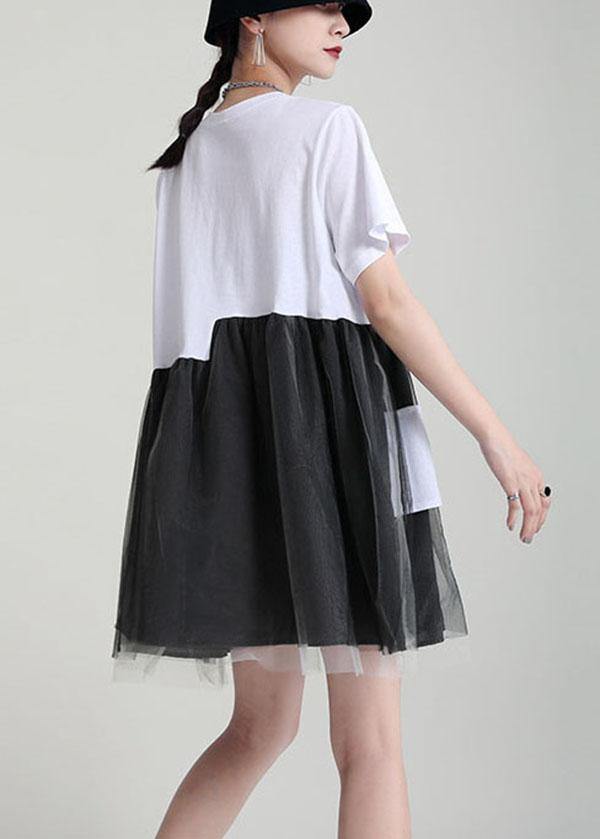 Black Patchwork Tulle Pockets Summer Holiday Dress Short Sleeve - bagstylebliss