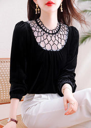 Black Patchwork Tulle Silk Velour Shirts Hollow Out Spring