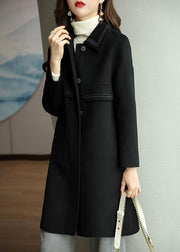 Black Patchwork Woolen Trench Coats Turn Collar Button Down Fall