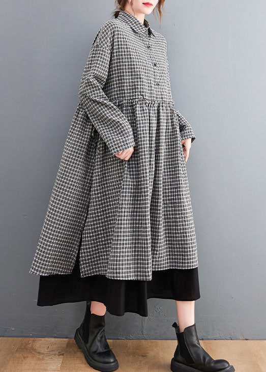 Black Plaid Button side open Cotton Dresses shirts Spring