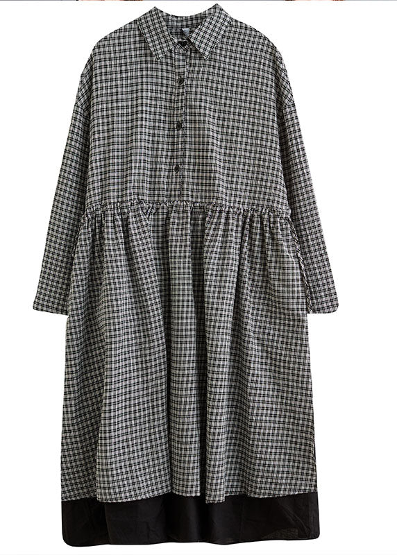 Black Plaid Button side open Cotton Dresses shirts Spring