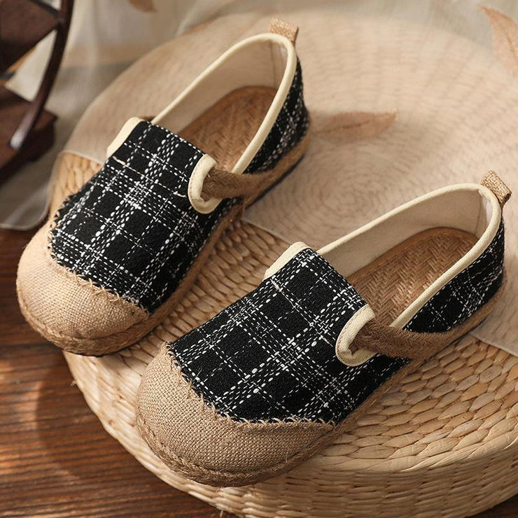 Black Plaid Cotton Linen Patchwork Flat Feet Shoes - bagstylebliss