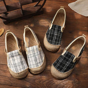 Black Plaid Cotton Linen Patchwork Flat Feet Shoes - bagstylebliss