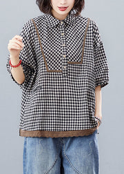 Black Plaid Lace Patchwork Shirt Tops Half Sleeve