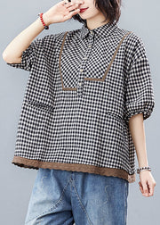 Black Plaid Lace Patchwork Shirt Tops Half Sleeve