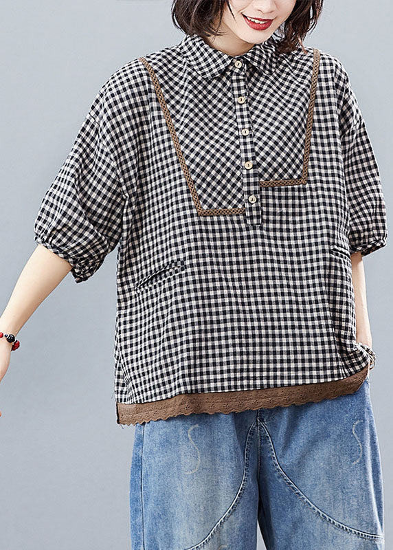 Black Plaid Lace Patchwork Shirt Tops Half Sleeve