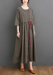 Black Plaid Pockets Linen Vacation Dresses Wrinkled Three Quarter sleeve