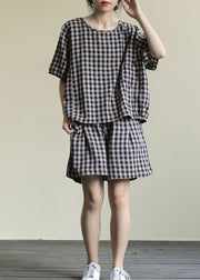 Black Plaid Tops And Shorts Patchwork Cotton Two Piece Set O Neck Summer