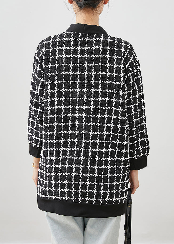 Black Plaid Woolen Coat V Neck Pockets Fall