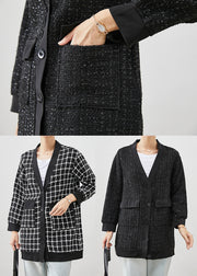 Black Plaid Woolen Coat V Neck Pockets Fall