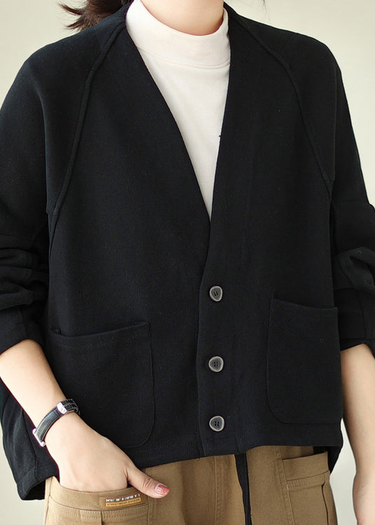 Black Pockets Button Patchwork Warm Fleece Jacket V Neck Fall