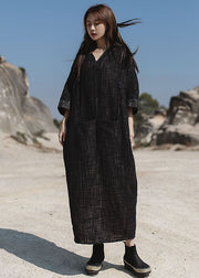 Black Pockets Cotton Maxi Dresses V Neck Spring