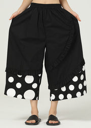 Black Pockets Dot Cotton Wide Leg Trousers Ruffled Summer