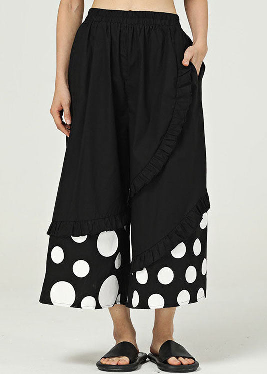 Black Pockets Dot Cotton Wide Leg Trousers Ruffled Summer