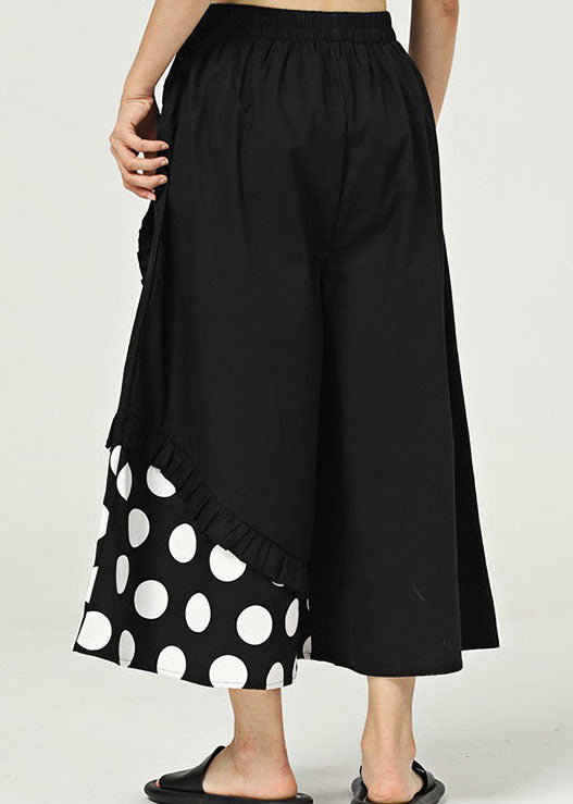 Black Pockets Dot Cotton Wide Leg Trousers Ruffled Summer