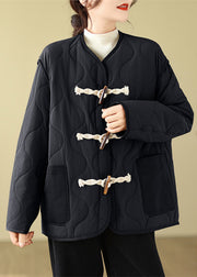 Black Pockets Loose Fine Cotton Filled Coats Horn Button Winter