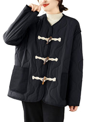 Black Pockets Loose Fine Cotton Filled Coats Horn Button Winter