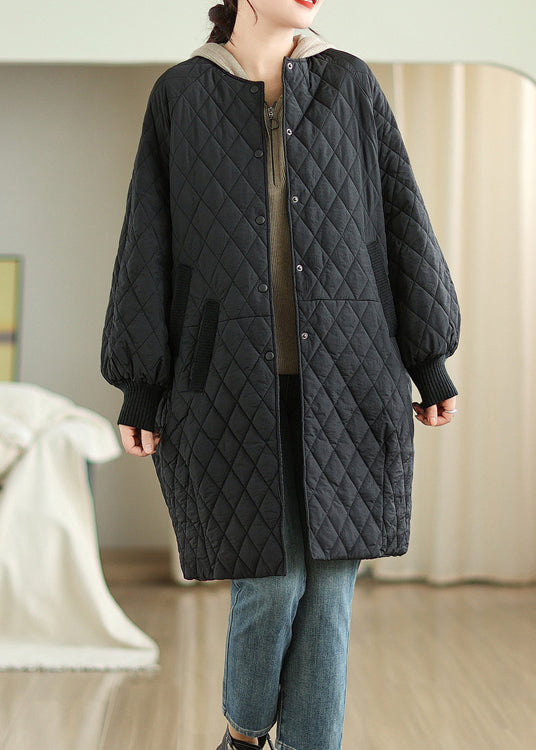 Black Pockets Loose Fine Cotton Filled Puffer Coat Hooded Winter