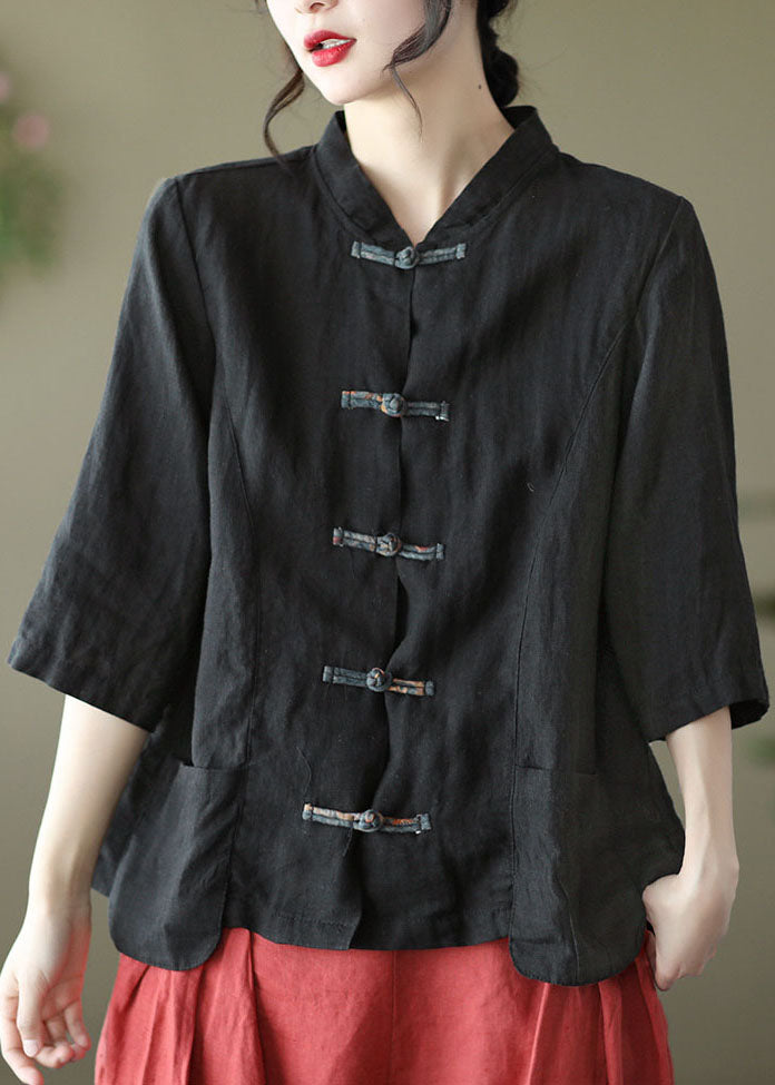 Black Pockets Oriental Linen Shirt Wrinkled Bracelet Sleeve