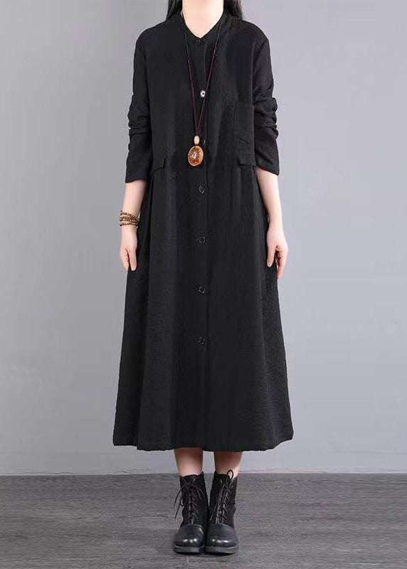 Black Pockets Patchwork Cotton Long Dress Button Wrinkled Fall