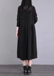 Black Pockets Patchwork Cotton Shirts Dress Peter Pan Collar Fall