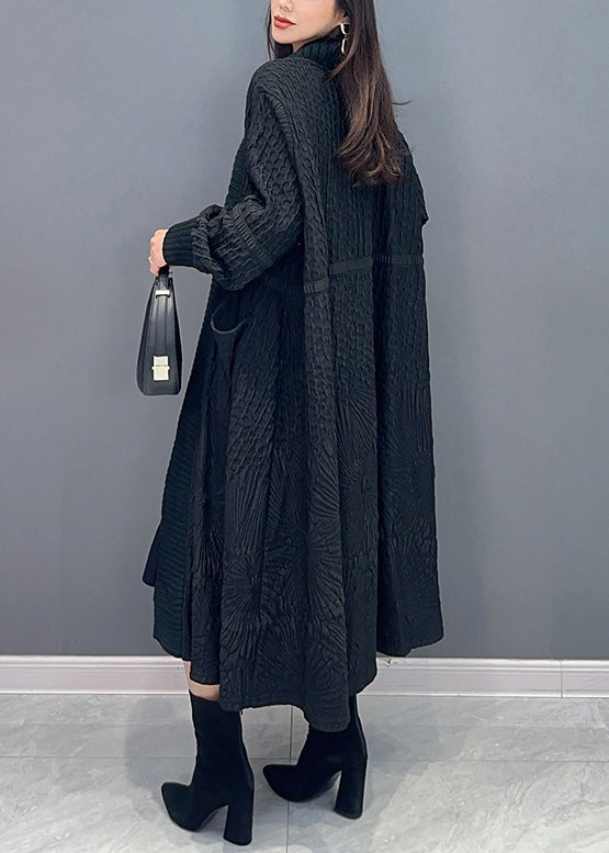 Black Pockets Patchwork Long Knit Cardigans V Neck Fall