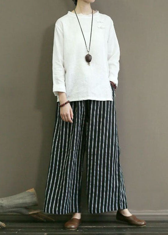 Black Pockets Patchwork Striped Linen Straight Pants Summer