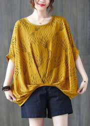 Black Print Cotton Tanks Wrinkled O-Neck Batwing Sleeve