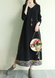 Black Print Fake two Long Dress side open Long Sleeve