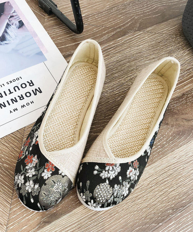 Black Print Linen Fabric Stylish Splicing Flats - bagstylebliss