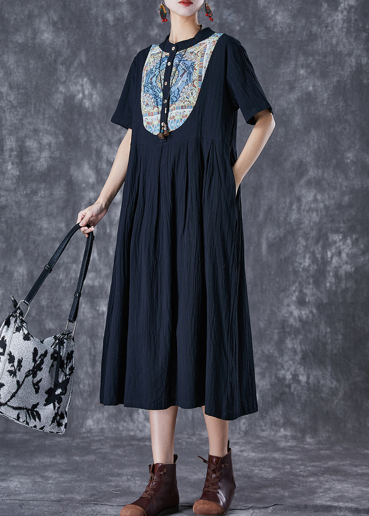 Black Print Linen Long Dresses Stand Collar Button Down Summer