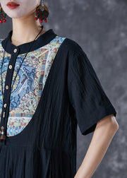 Black Print Linen Long Dresses Stand Collar Button Down Summer