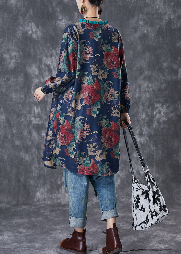 Black Print Linen Shirt Dress Ruffled Fall