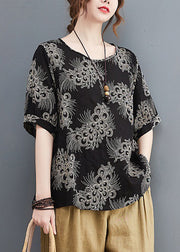 Black Print Loose Cotton Shirt Tops Short Sleeve