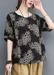 Black Print Loose Cotton Shirt Tops Short Sleeve