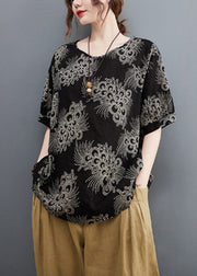 Black Print Loose Cotton Shirt Tops Short Sleeve