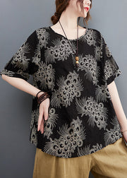 Black Print Loose Cotton Shirt Tops Short Sleeve