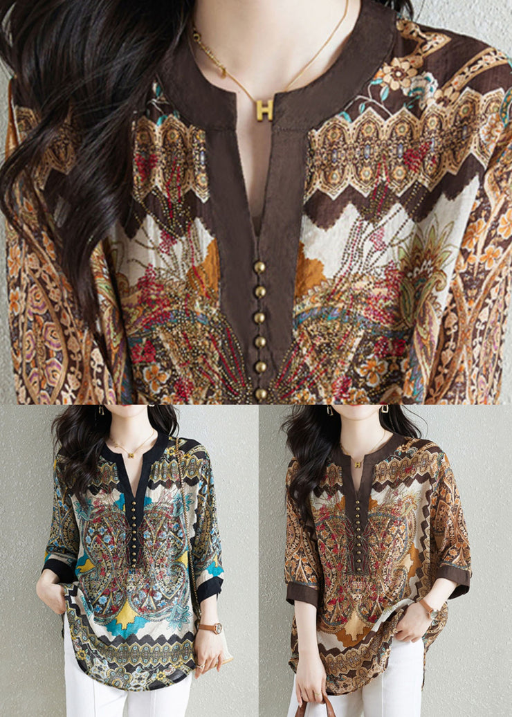 Black Print Patchwork Chiffon Shirt Tops V Neck Nail Bead Summer