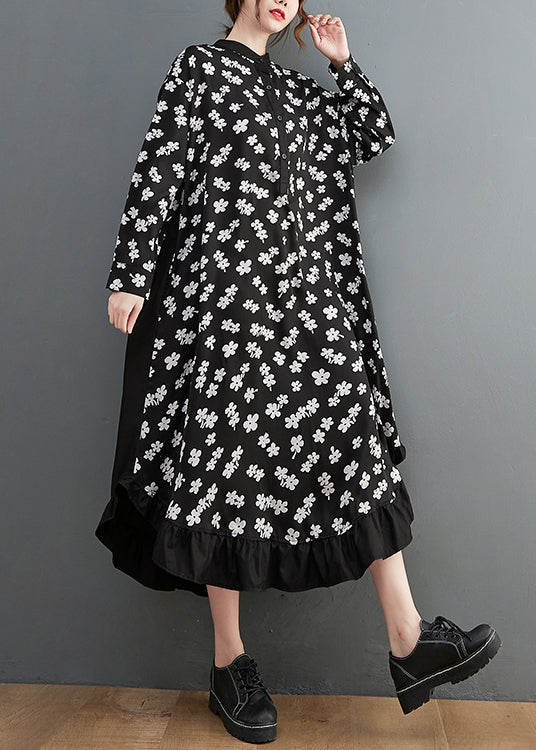 Black Print Patchwork Loose Shirt Dress Ruffles Long Sleeve