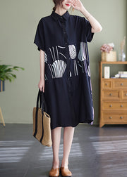 Black Print Patchwork Loose Shirt Dresses Short Sleeve