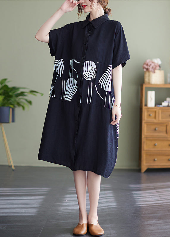 Black Print Patchwork Loose Shirt Dresses Short Sleeve