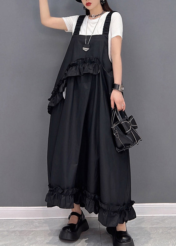 Black Print Patchwork Ruffled Long Dress Sleeveless