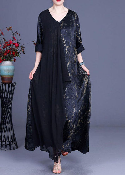 Black Print Patchwork Summer Silk Dress - bagstylebliss